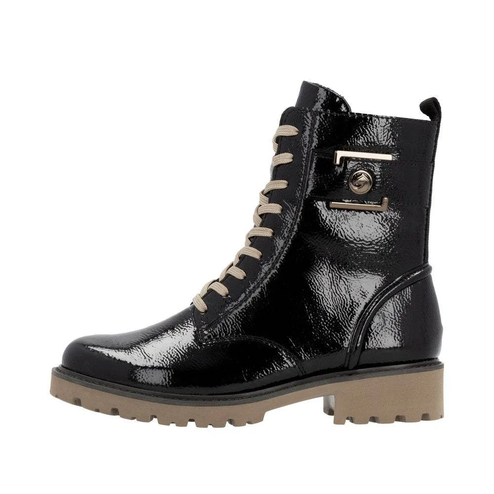 Remonte D8663-00 Ladies Black Patent Leather Zip & Lace Ankle Boots