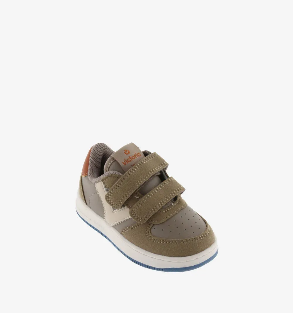 Taupe leather and suede double velcro sneaker