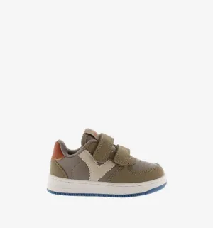 Taupe leather and suede double velcro sneaker