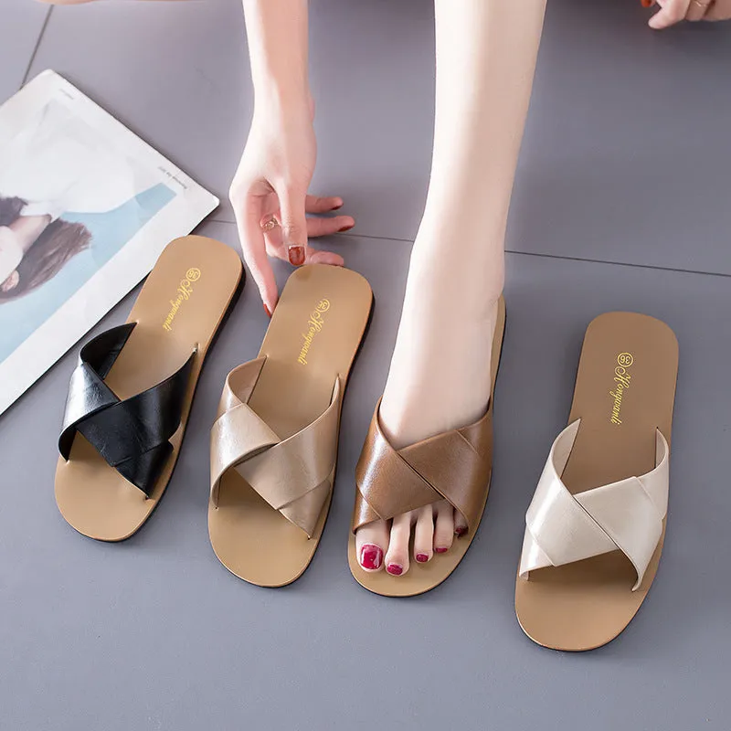 Women’s Cross Strap Flat Heel Slip On Sandals