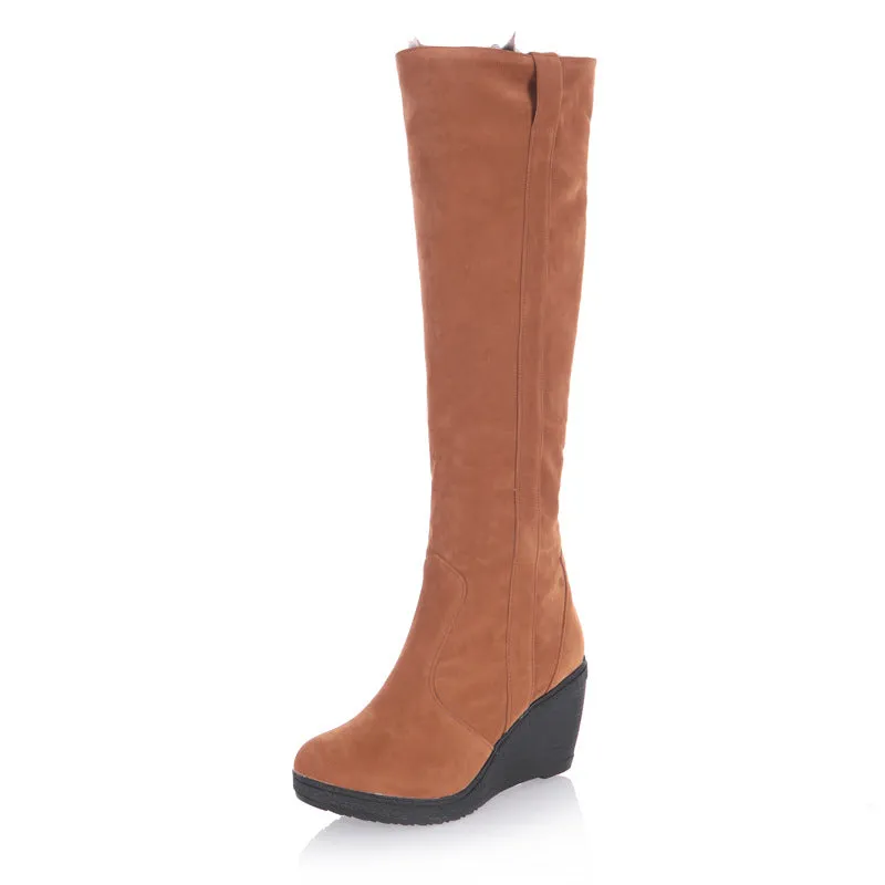 Women's wedge knee high snow boots faux fur lining long snow boots