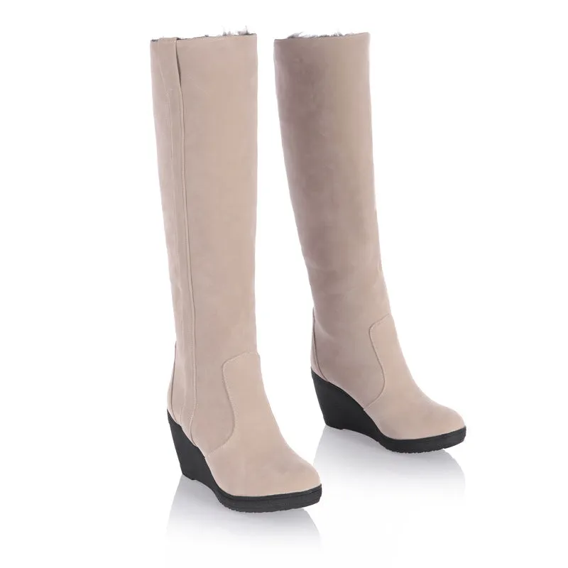 Women's wedge knee high snow boots faux fur lining long snow boots