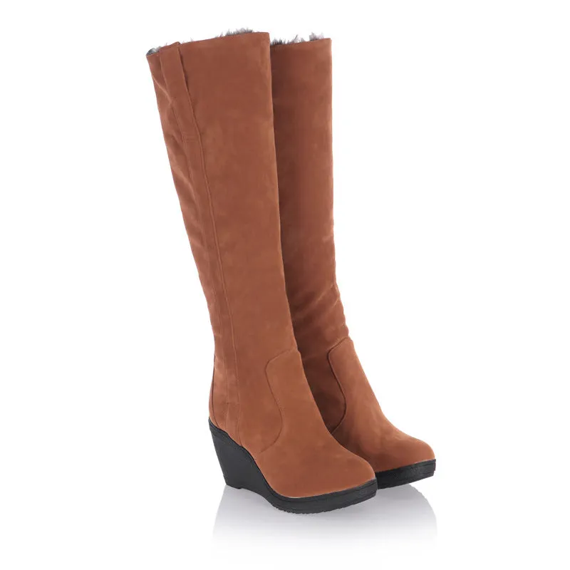 Women's wedge knee high snow boots faux fur lining long snow boots