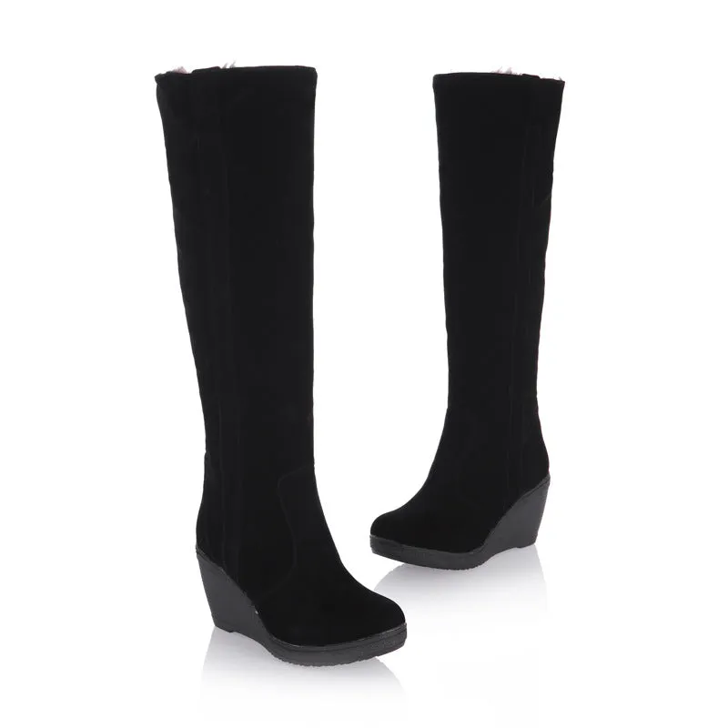Women's wedge knee high snow boots faux fur lining long snow boots