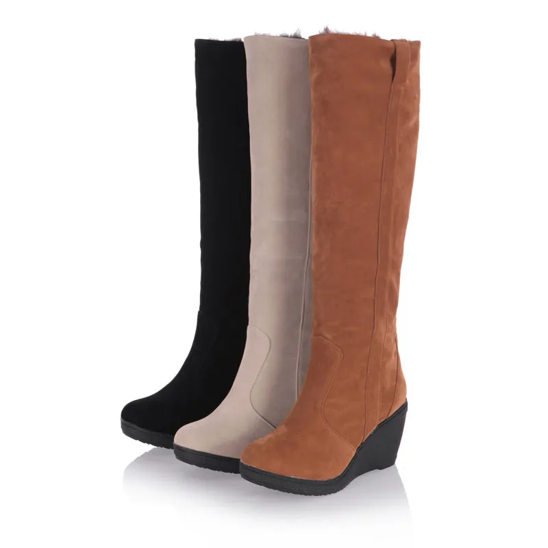 Women's wedge knee high snow boots faux fur lining long snow boots